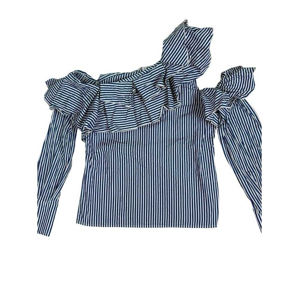 Leith Blue White Stripe Off Shoulder Ruffle Top One Shoulder Blouse XS Cotton - Picture 2 of 6